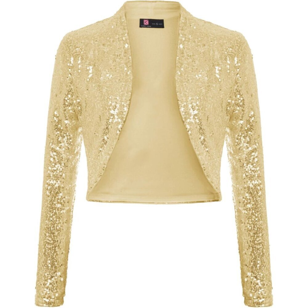 Women's Sequin Bolero Jacket Glamorous Long Sleeve Open Front Small
